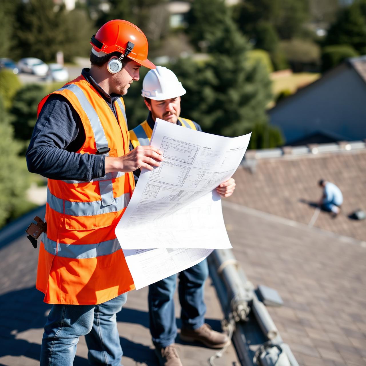 G&K Roofing project lead reviewing plans on a residential roof